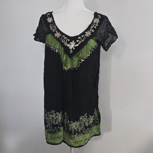 Elegant Black and Green Women's Blouse with Sequins And Embroidery